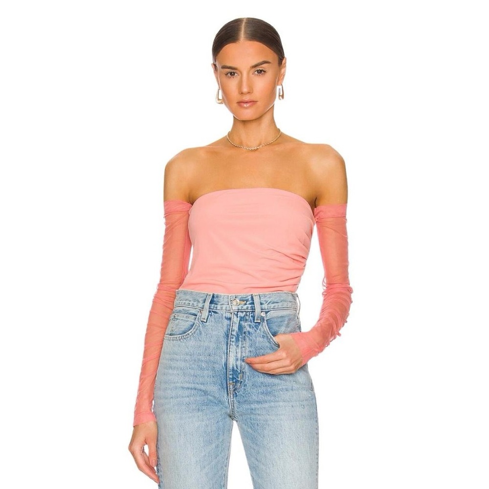 Helmut Lang | Coral pink off shoulder tube long mesh sleeve top | Size S | NWT